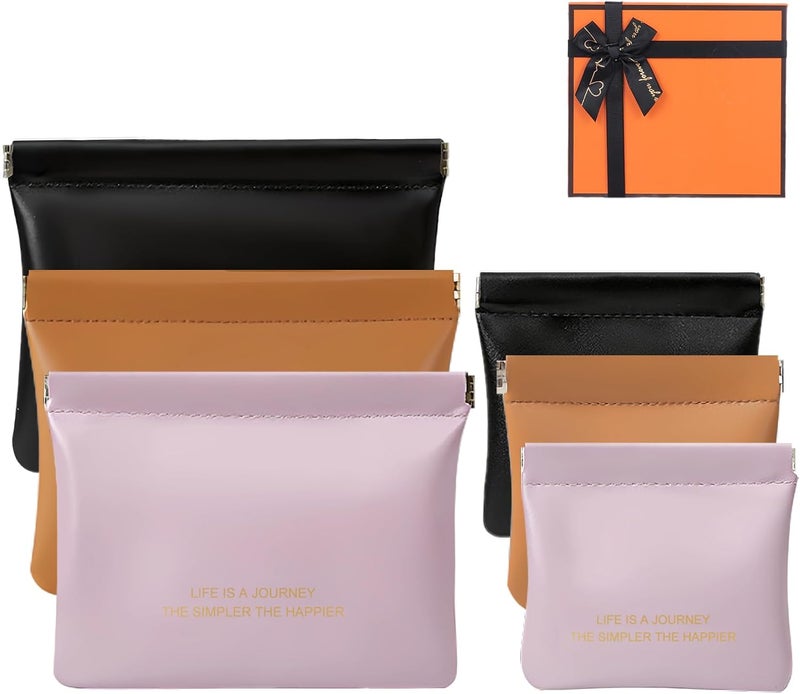 Frnoip 6 Pack small makeup bag for purse, snap closure leather organizer pouch,New lipstick pouch, portable mini storage bag,Two sizes Coin Purse Organizer Storage Pouch （Black+Brown+Purple - Image 1